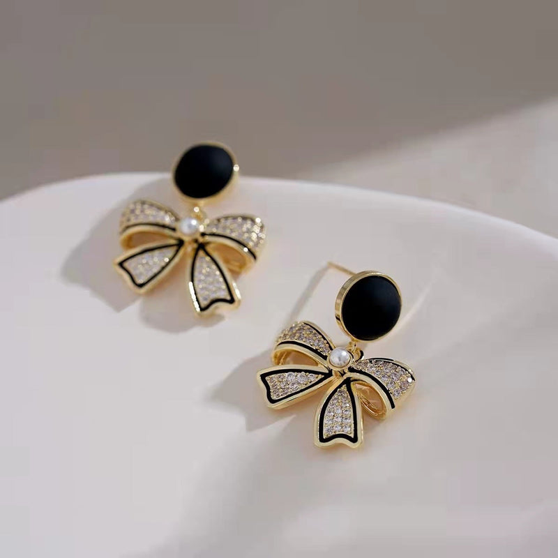 Sweet Black Bow Pearl Drop Stud Earrings