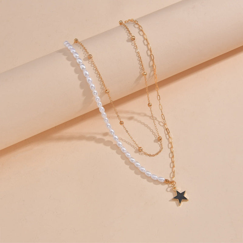 Double Layer Pearl Paperclip Chain Star Pendant Necklace Jewelry