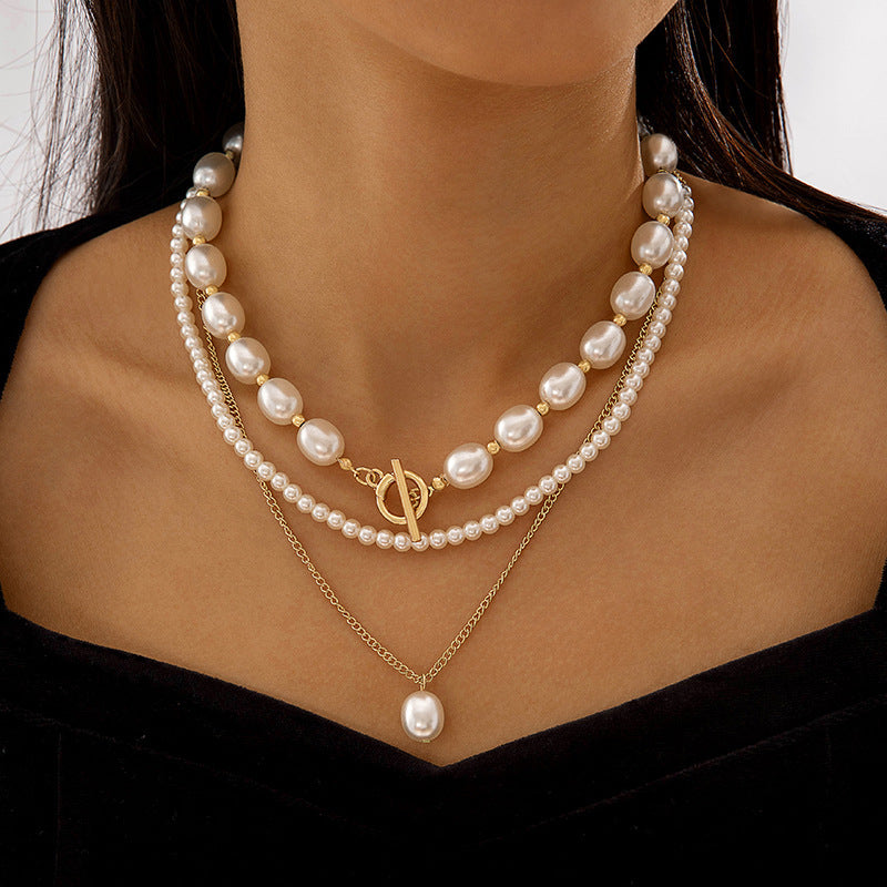 Vintage Chain Pearl Necklace Multilayer Geometric