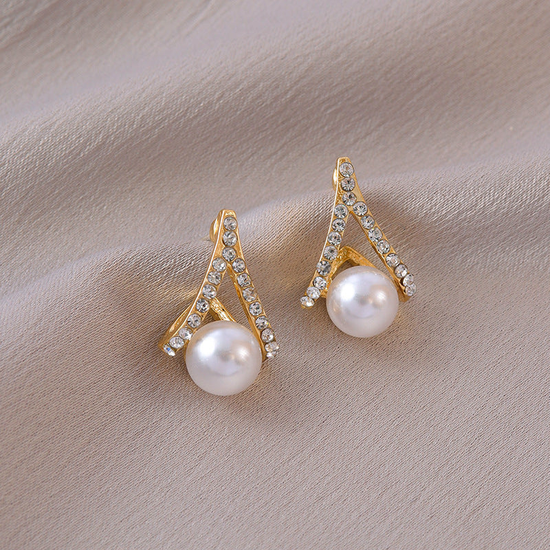 White Imitation Pearl Crystal Rhinestone Stud Earrings
