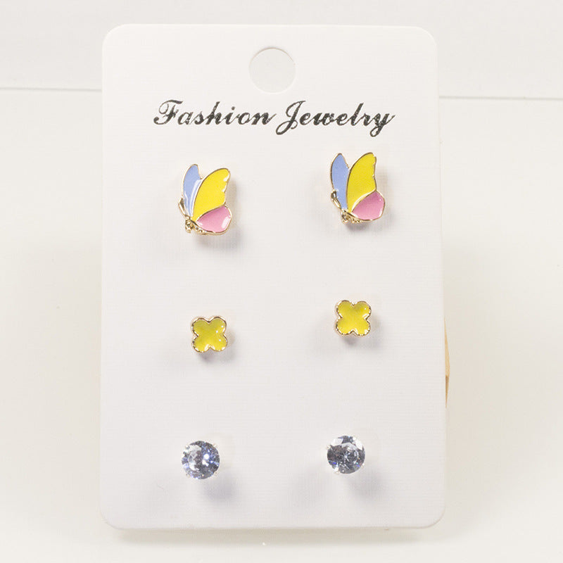 Butterfly four-leaf clover stud earrings set