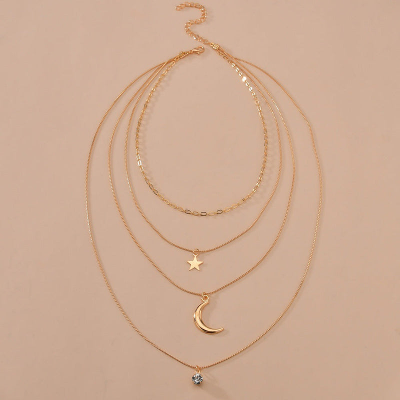 Custom Multi Layer Star Moon Pendant Gold Chain Necklace