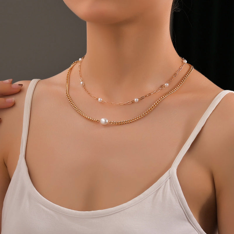 Plain Chain Layer Faux Pearl Choker Jewelry Necklace