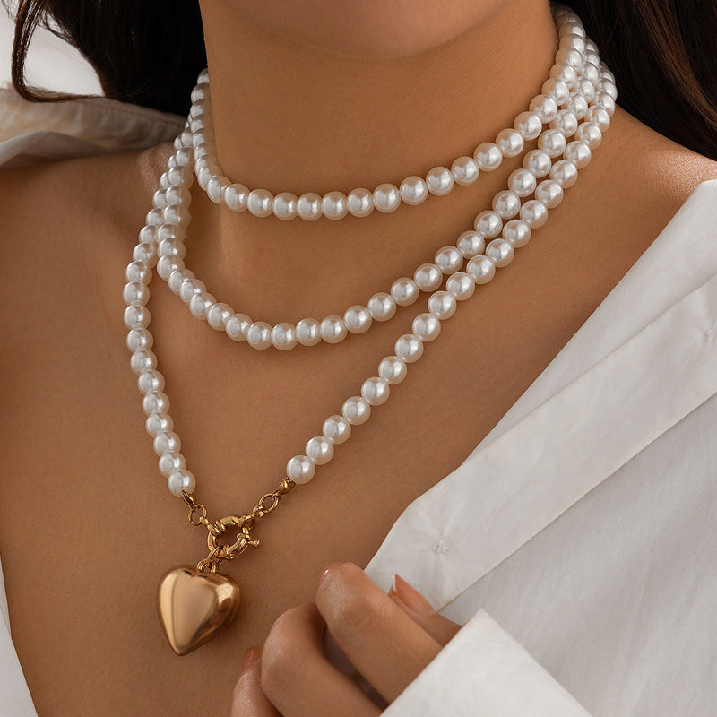 Imitation Pearl Multilayer Choker Necklace for Women Elegant Heart Pendant Necklace