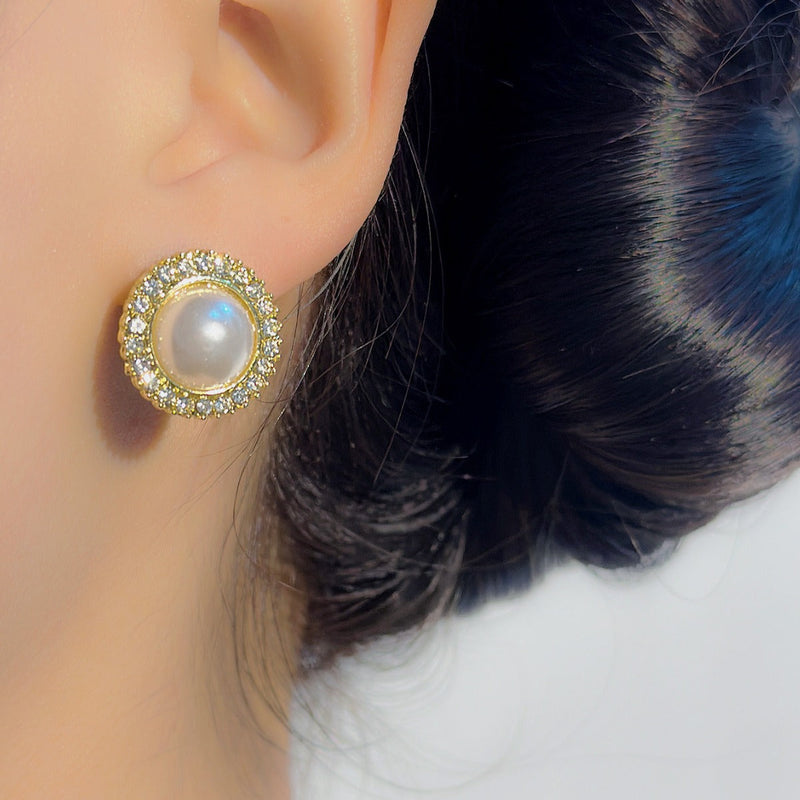 Elegant Round Rhinestone Pearl Stud Earrings