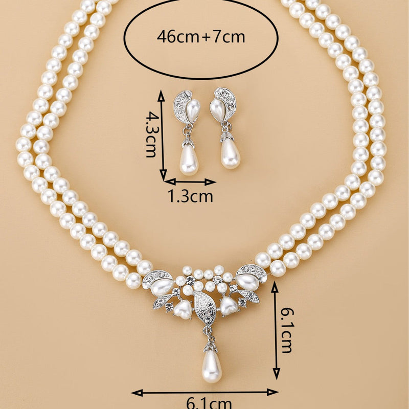 Pearl Crystal Necklace Drop Earrings Jewelry Set