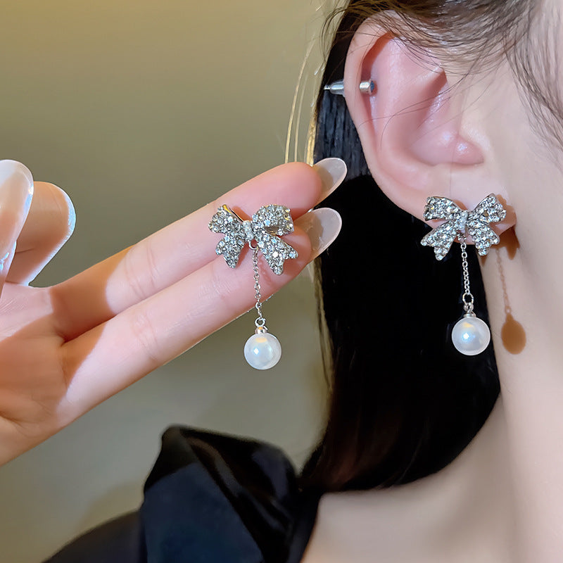 Crystal Rhinestone Bow Pearl Drop Stud Earrings
