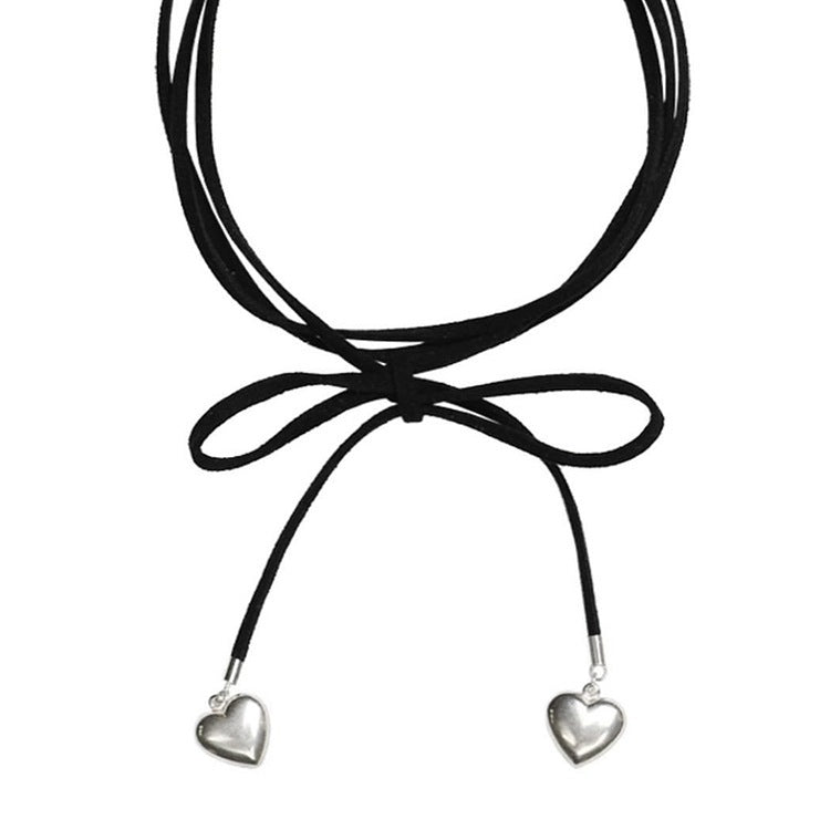Elegant Long Black Bow Ribbon Heart Necklace