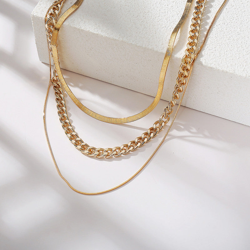 Women Fashion Simple Gold Chains Necklace Multi Layer Choker