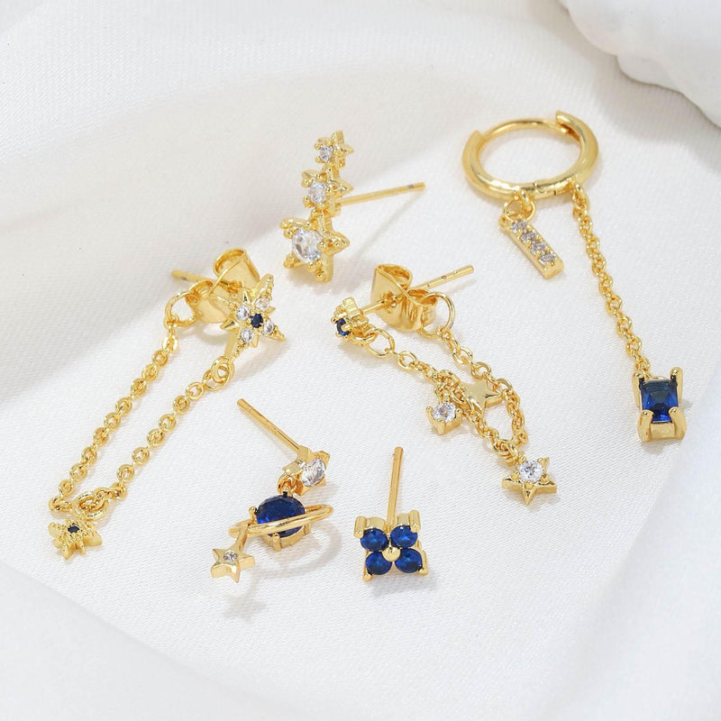 Stacking 6 Pieces Planet and Long Tassel Earring Set with Micro-Pavé Dazzling Zircons, 18k Gold Plated Ear Studs & Ear Drops, Stacked Lobe Design