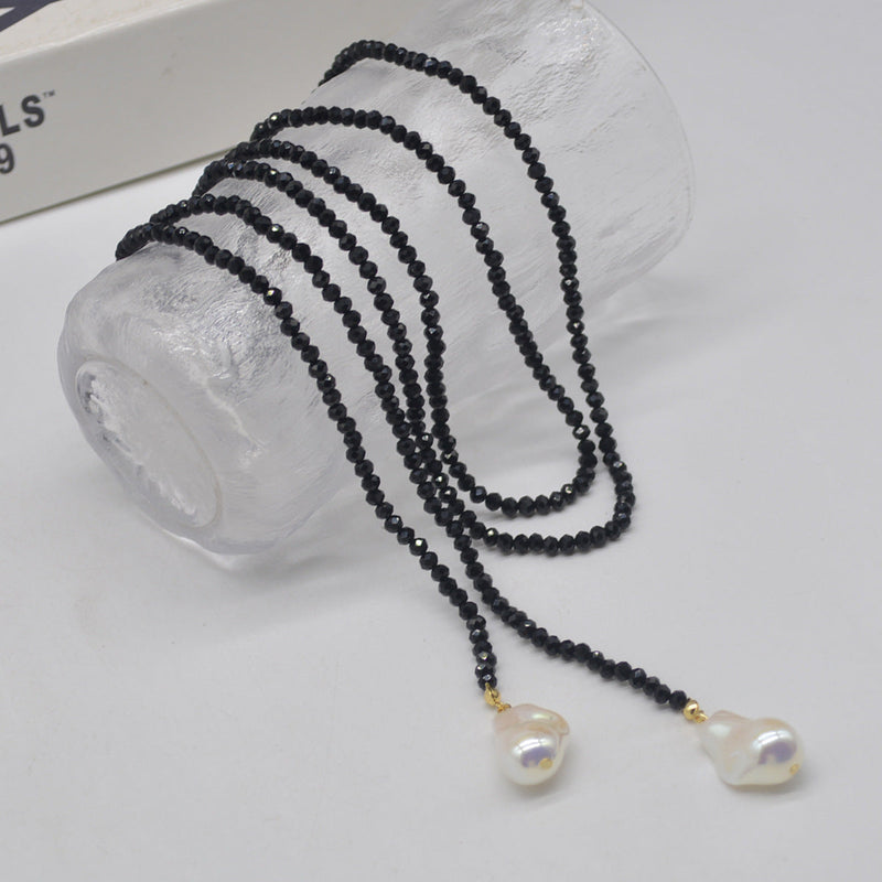 Sweater Necklace Black Crystal Pendant
