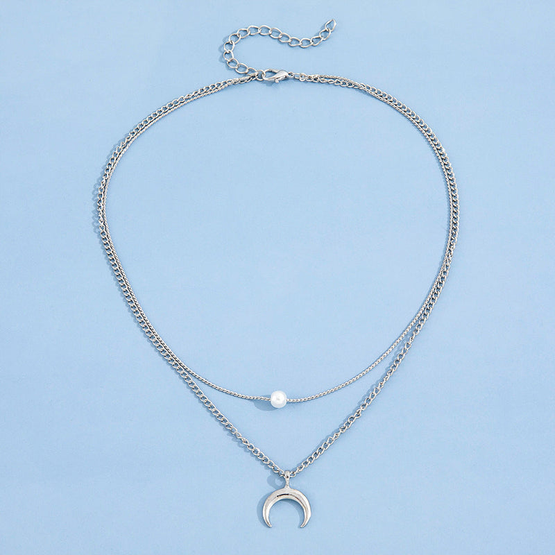 Double Layer Crescent Pearl Pendant Necklace