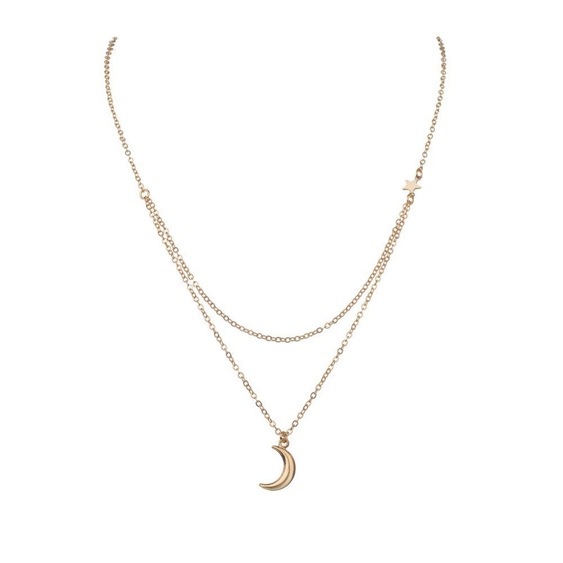 Double Layer Chain Moon Charm Choker Necklace