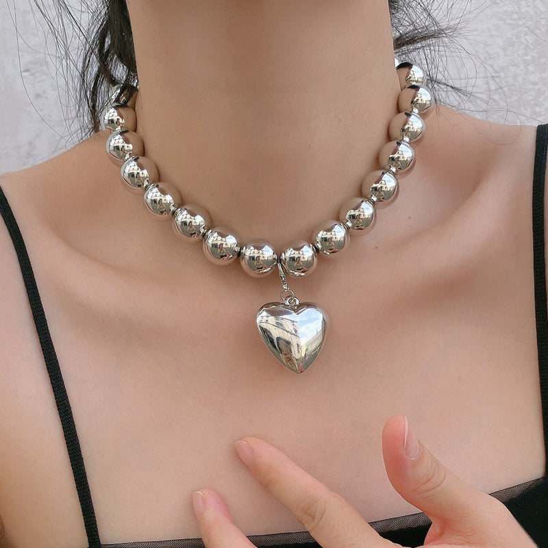 Exaggerated Big Chunky Heart CCB Round Ball Bead Necklace