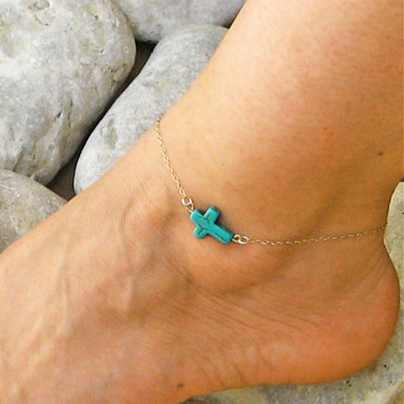 Simple Turquoise Cross Foot Bracelet