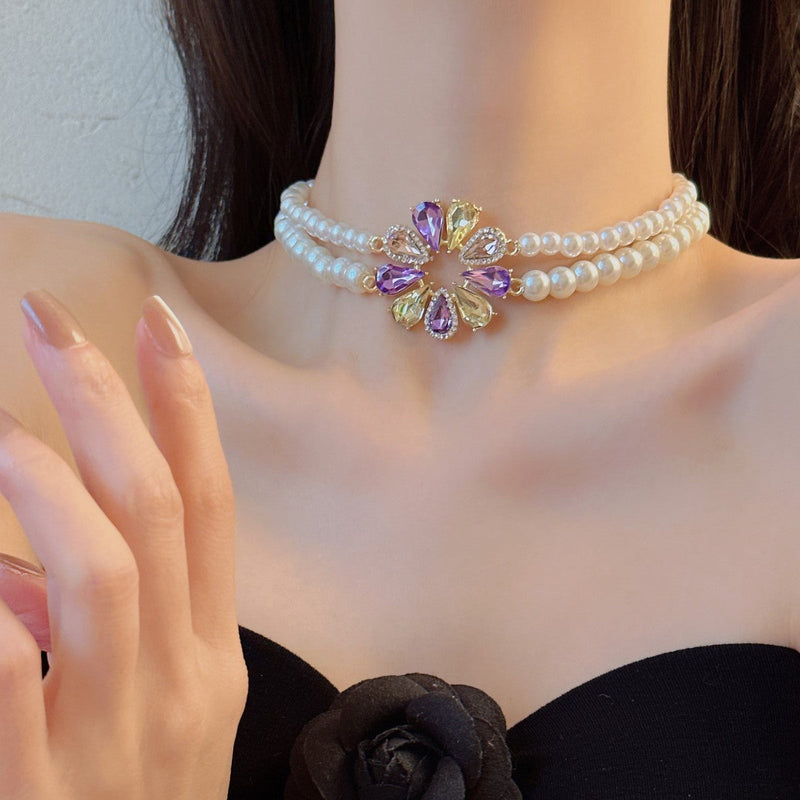 Women Wedding Party Sweet Colorful Crystal Flower Necklace