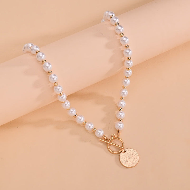 Pearl Necklace Beaded Coin Pendant Women