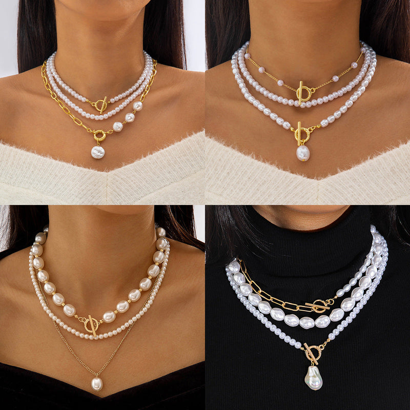 Vintage Chain Pearl Necklace Multilayer Geometric
