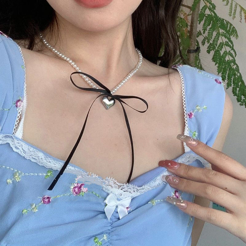 Heart Pendant White Imitation Pearl Bow Ribbon Choker Necklace