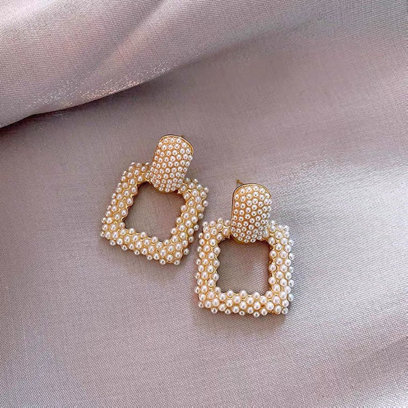 Geometric Pearl Square Dangle Earrings