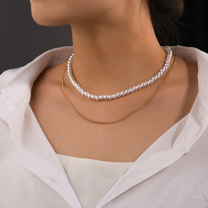 Multilayer Elegant Pearl Necklaces Gold Metal Chain