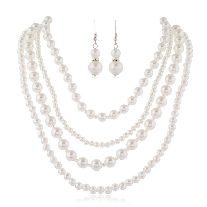 Fashion Multi Layers Long Pearl Necklace Earrings Set for Women