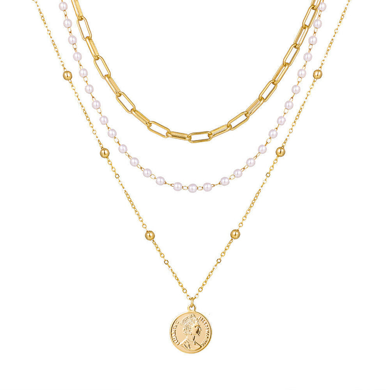 Portrait Round Pendant Bead Chain Necklace