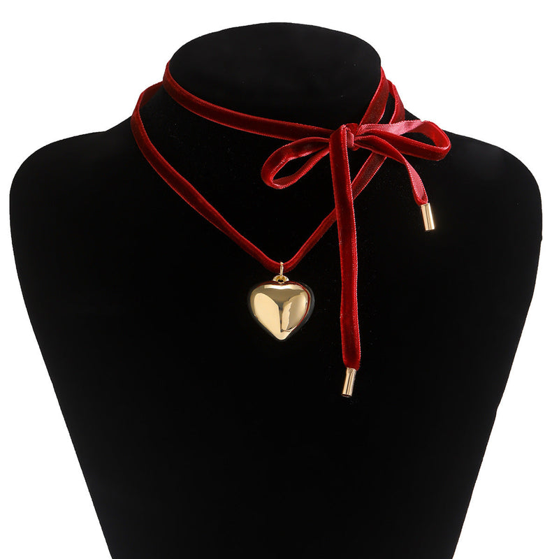 Ribbon Bow Long Choker Simple Heart Necklace