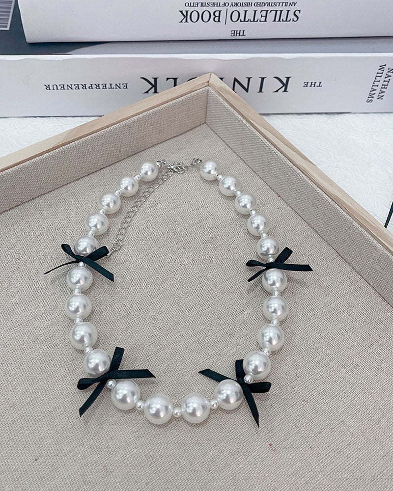 Ribbon Bow Necklace Women's Love Pearl Bead Layered Necklace