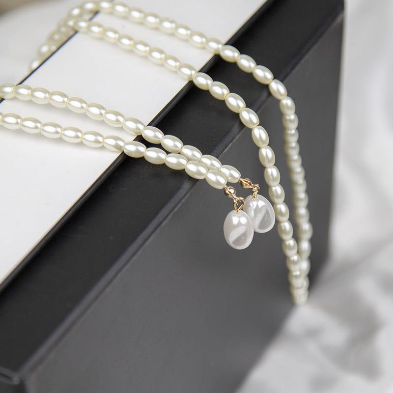 Vintage Long Glass Oval Pearl Necklace with Small Pearls