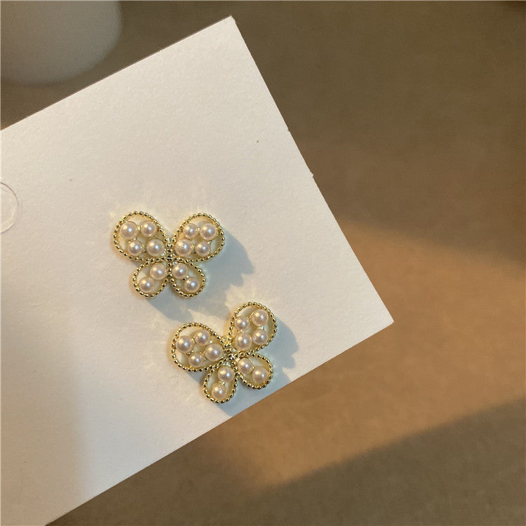 Elegant Butterfly Rhinestone Stud Pearl Earrings