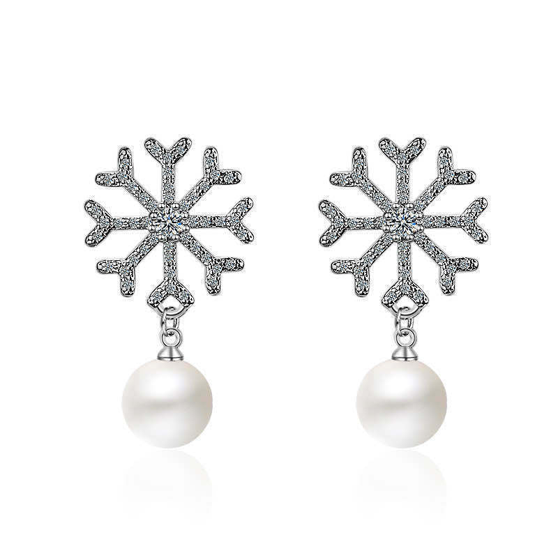 Rhinestone Snowflake White Pearl Earrings