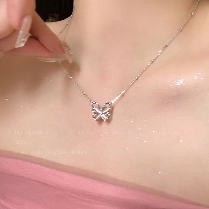 Strawberry Crystal Hollow Butterfly Pendant Necklace