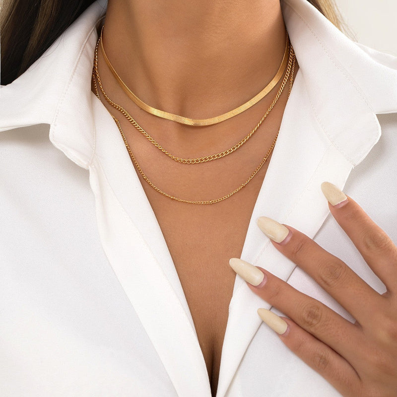 Chain Choker Necklace Gold Silver Plated Three Link Chains Layer Jewelry