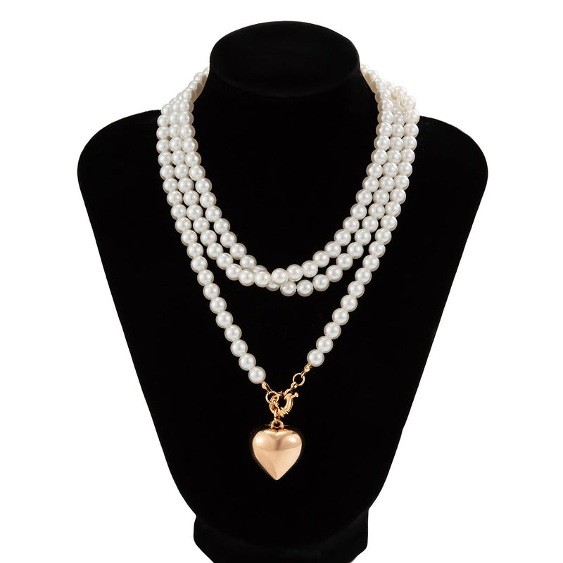 Imitation Pearl Multilayer Choker Necklace for Women Elegant Heart Pendant Necklace
