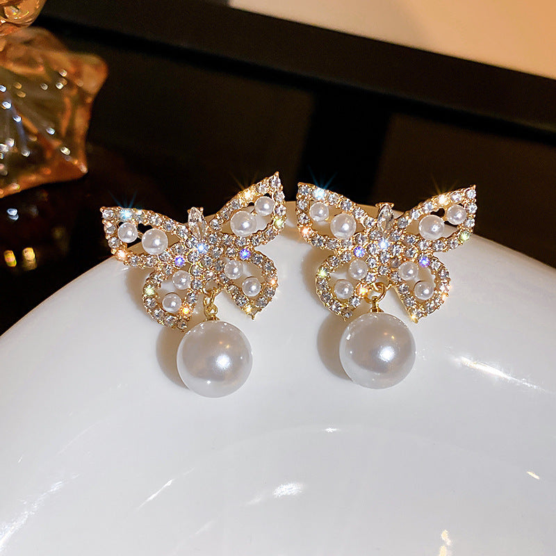 Pearl Butterfly Rhinestone Earrings for Women