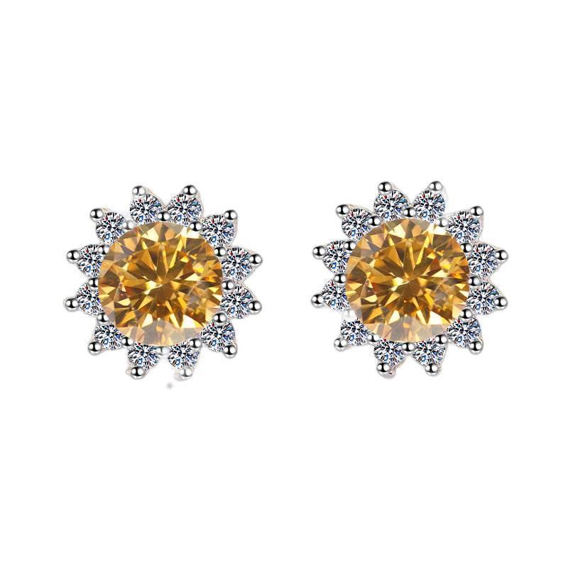 S925 Colorful Moissanite/CZ Sunflower Halo Stud Earrings, 12 Color 0.5ct D-Grade VVS Certificate, Hypoallergenic Sterling Silver Jewelry Gift