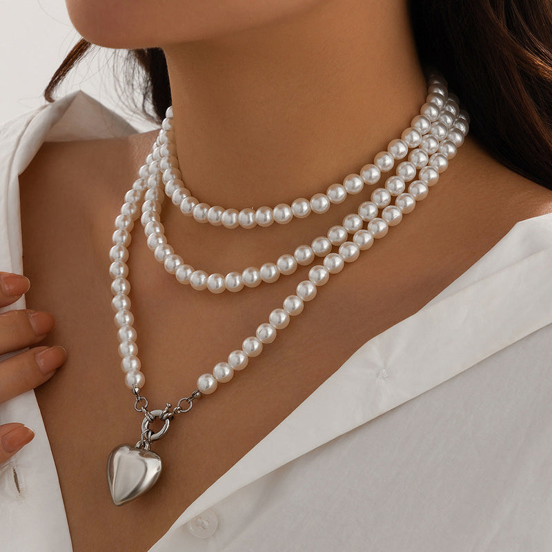 Imitation Pearl Multilayer Choker Necklace for Women Elegant Heart Pendant Necklace