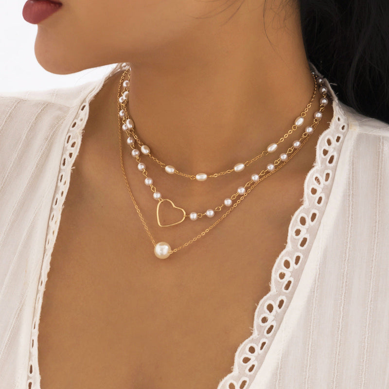 Geometric Beads Chain Twin Necklace Pearl Hollowed Out Love Necklace