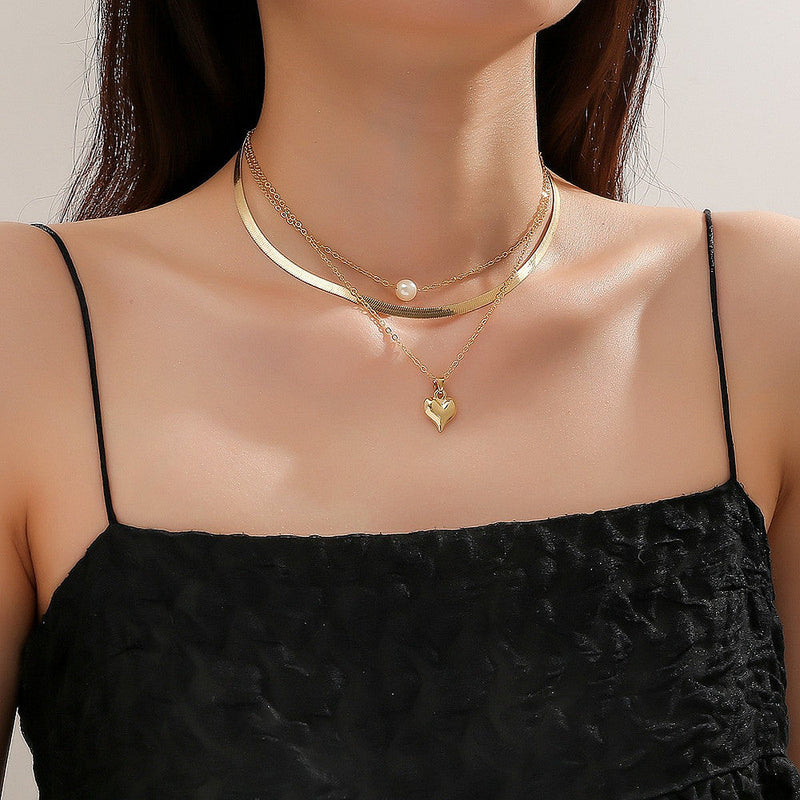 Layered Chain Pearl Heart Pendant Necklace