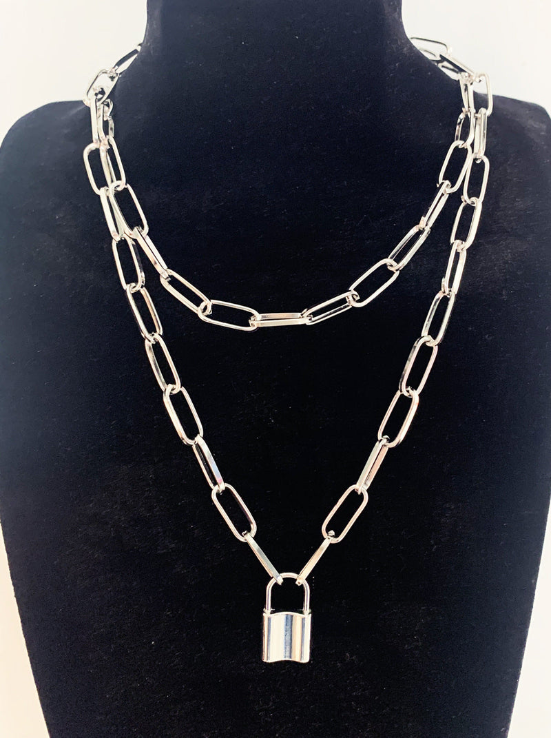 Punk Double Layer Lock Chain Necklace Padlock Pendant for Women