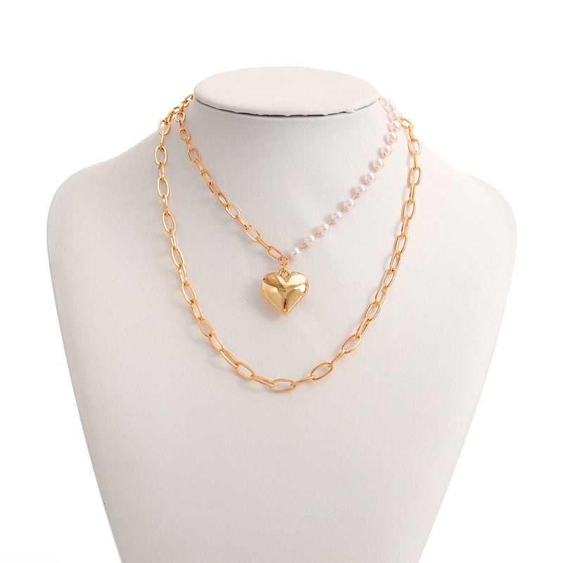 Double Layer Pearl Love Heart Pendant Necklace