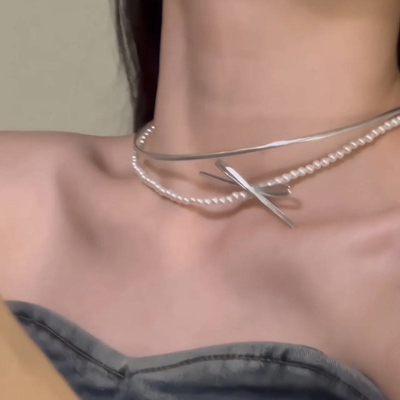PU Leather Bow Clavicle Chain Choker Pearl Girl Necklace