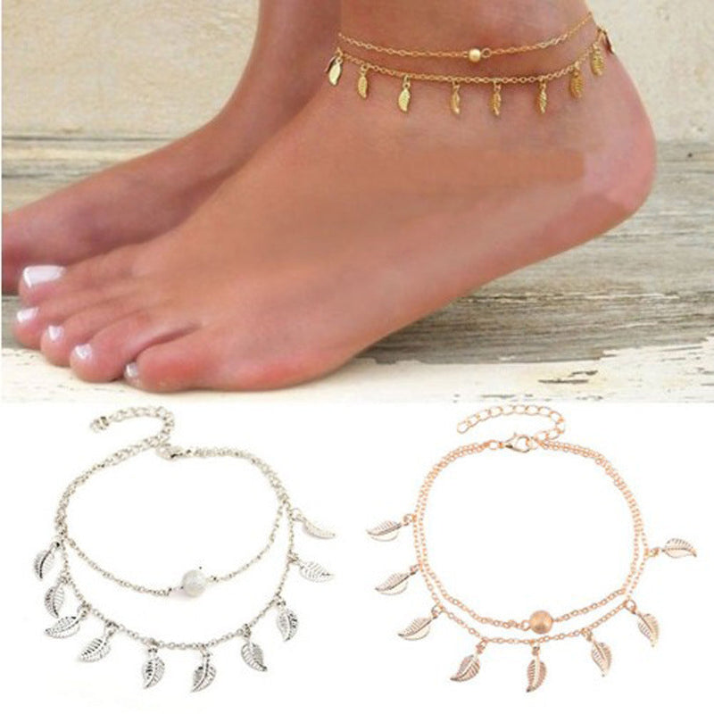 Beach Leaf Layered Tassel Foot Chain Anklets Jewelry