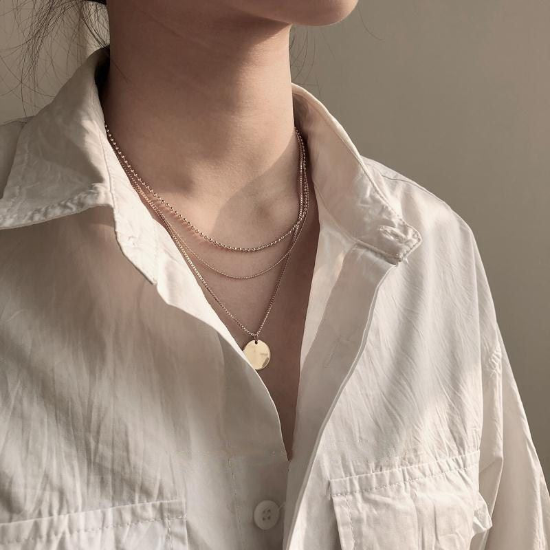 Multi 3 Layers Chain Metallic Metal Round Disc Pendant Necklace