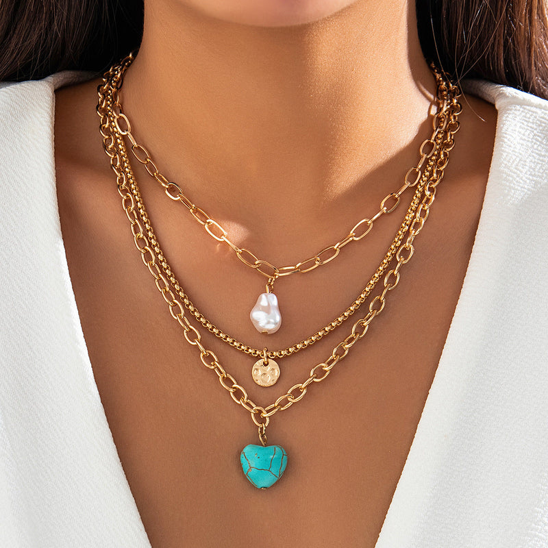 Women Ethnic Baroque Pearl Necklace Set Vintage Turquoise Heart Necklace