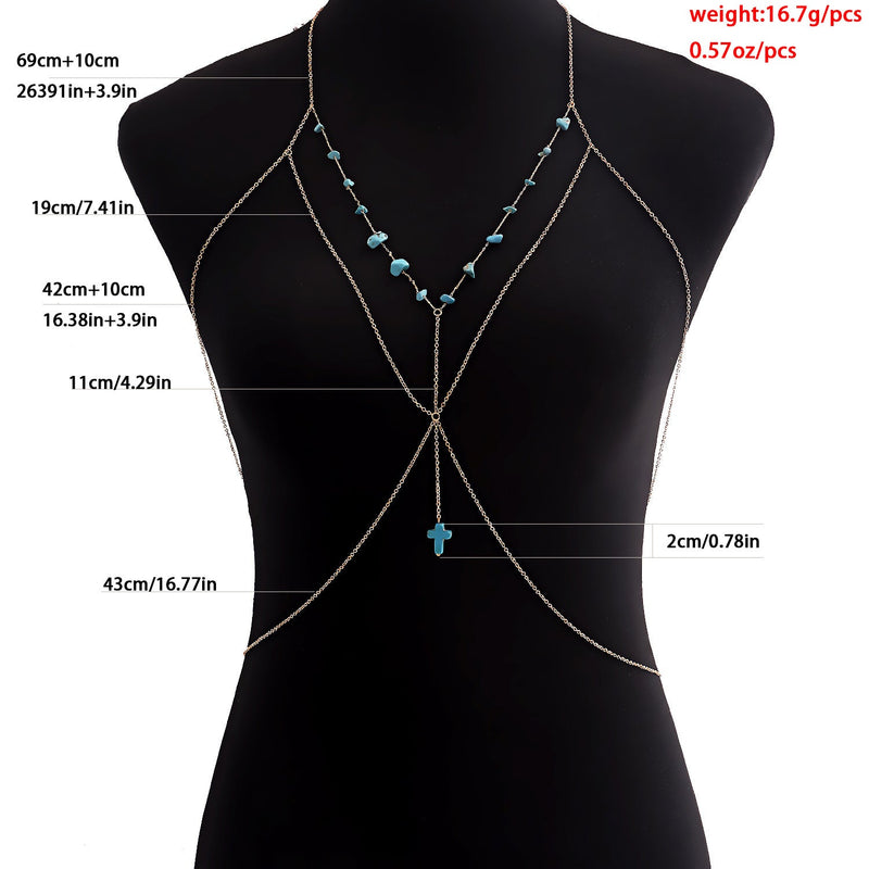 Sexy Cross Stone Beads Body Chains Bikini Belly Bra for Women