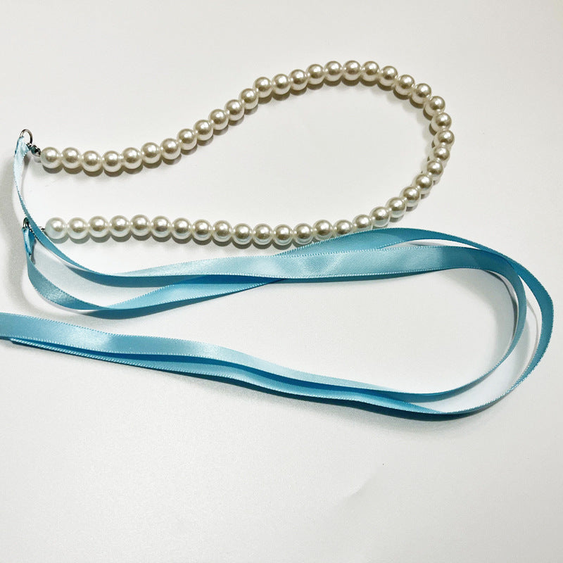 White Imitation Pearl Choker Necklace Women Long Black Ribbon