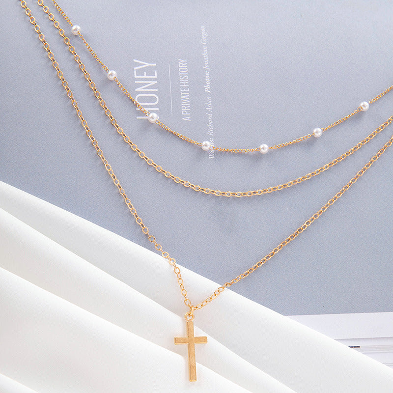 Multi-Layer Chain Pearl Cross Necklace