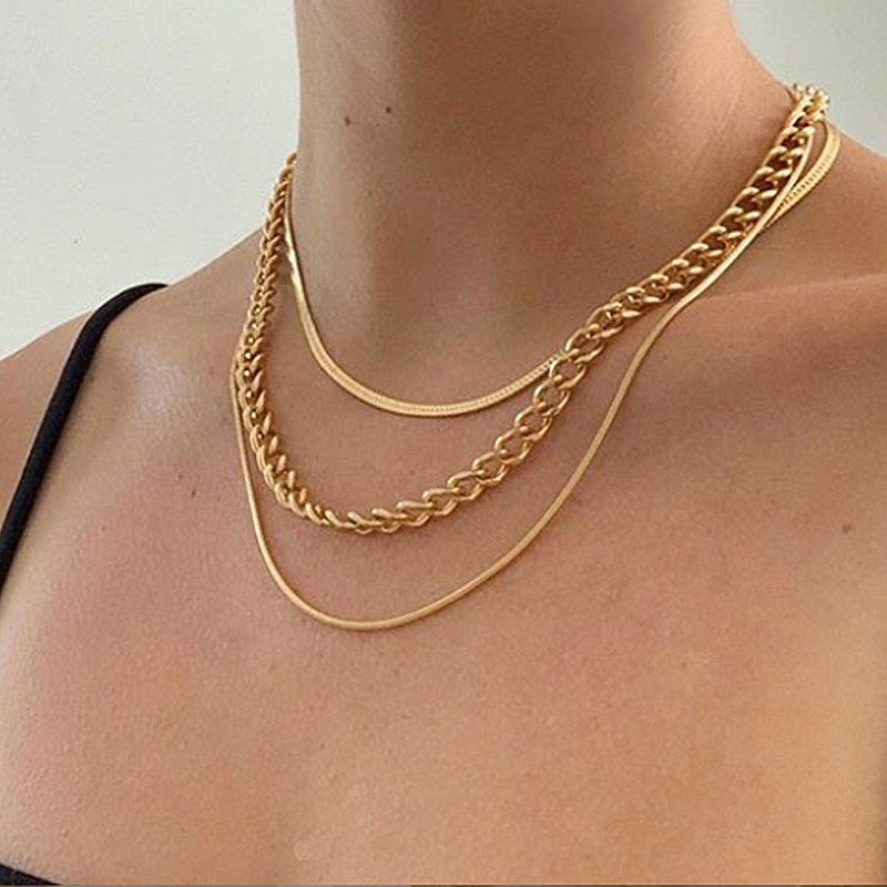 Women Fashion Simple Gold Chains Necklace Multi Layer Choker